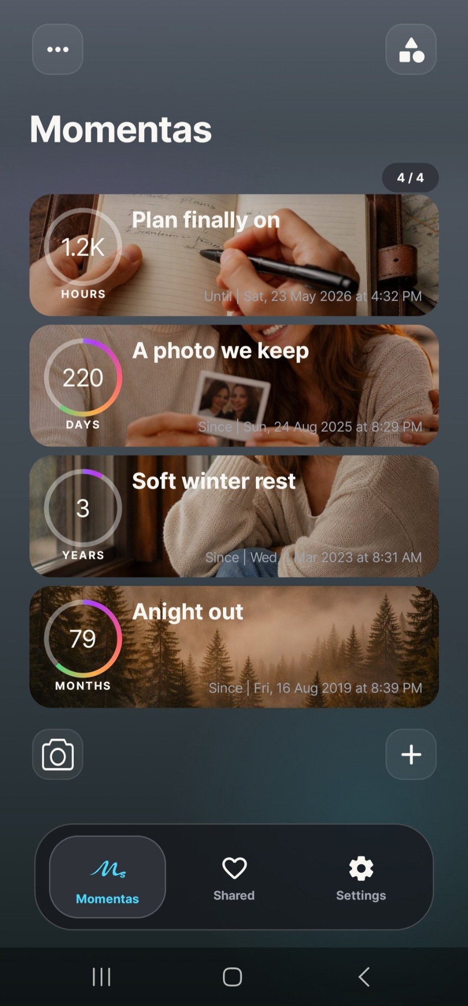 Momentas home layouts and milestone cards