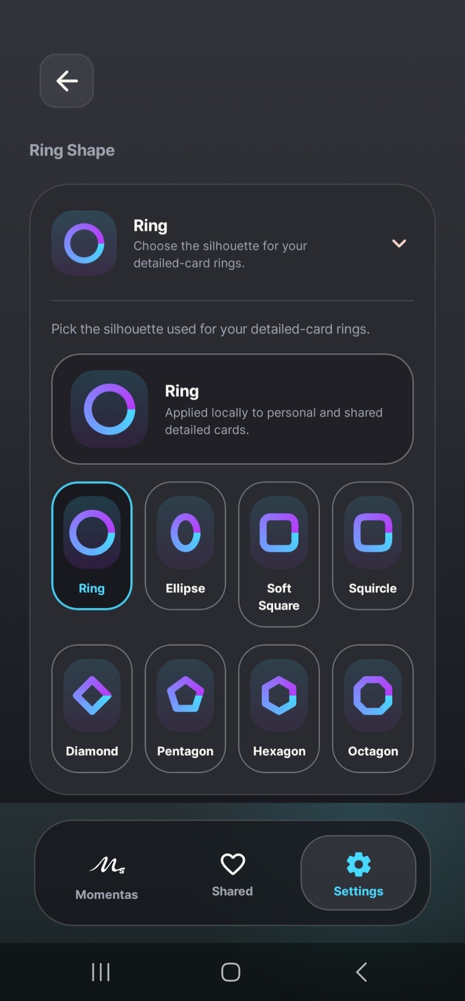 Ring shape settings in Momentas